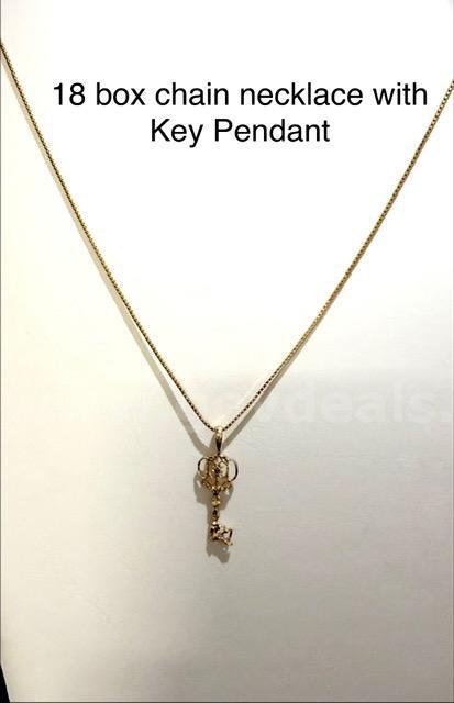 24k Gold, 18 Inch, Box Chain Necklace W/Old-Fashioned Key Pendant