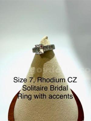 Beautiful, Rhodium Clad (Silver), Size 7, Ladies Solitaire Bridle Ring W/Accents