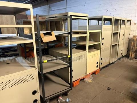 Shelving and Storage unit (8) light beige metal featuring open upper shelves and a perforated lower cabinet section.