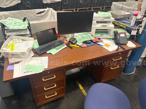 Lot of 3 used desks - 2 wood, 1 metal