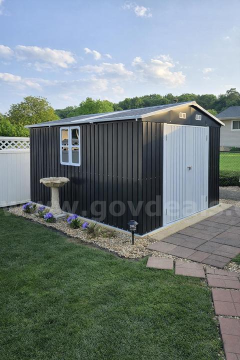 FREE SHIPPING NEW 10x12x7 FT Metal Outdoor Storage Shed w/ Double Doors, Windows & Transparent Panels – Dark Gray