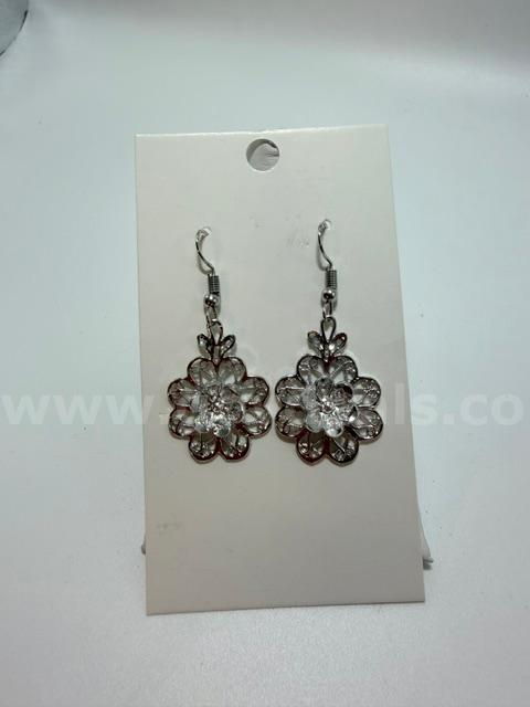 Beautiful Rhodium Clad (Silver), Filigree Diamond Cut Hanging Flower Earrings