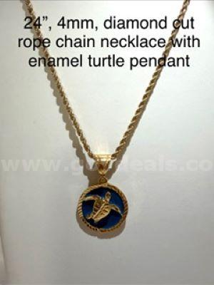 Gorgeous, 24", 4MM, Diamond Cut Rope Chain Necklace W/Blue Enamel Turtle Pendant, Real 24k Gold Filled