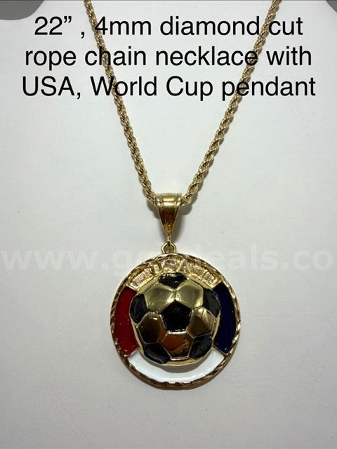 Beautiful, 4MM, 22", Diamond Cut Rope Chain, W/USA World Cup Pendant, Real 24k Gold Plated