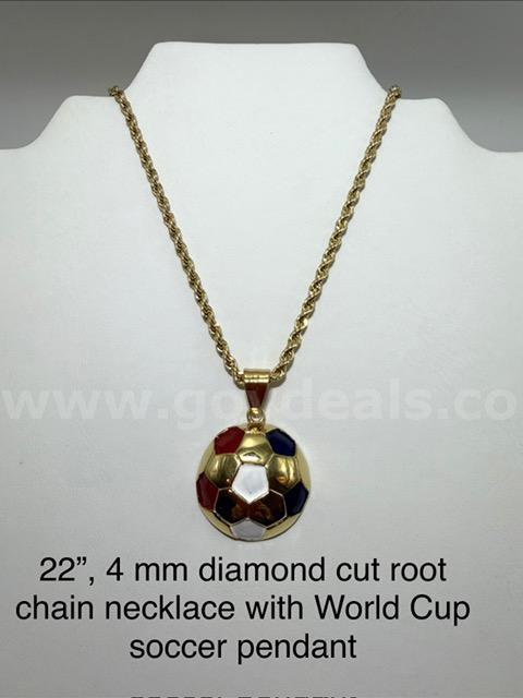 4MM, 22 Inch, Real 24k Gold Plated, Diamond Cut Rope Chain, W/World Cup Soccer P