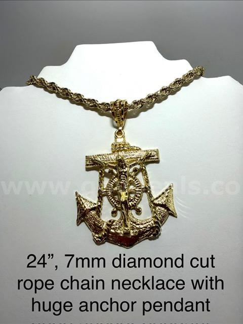 7MM, Real 24k Gold Plated, 24 Inch, Diamond Cut Rope Chain, W/Large Jesus On Anc