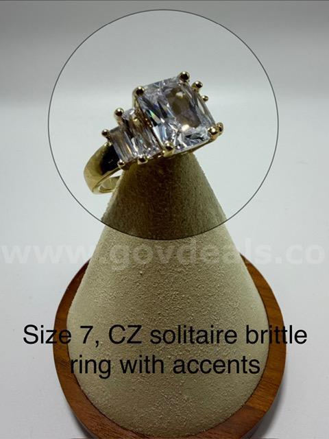 Gorgeous, Real 24k Gold Plated, Size 7, CZ Solitaire Bridal Ring W/Accents