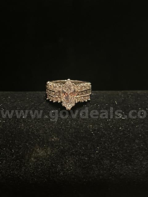 Size 4, Rhodium Clad (Silver),CZ,  Marquise-cut Wedding Ring. Read⬇️