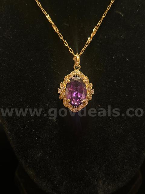 CZ Amethyst Charm w/25” Filigree Dainty Necklace, 24K Real Gold Filled.