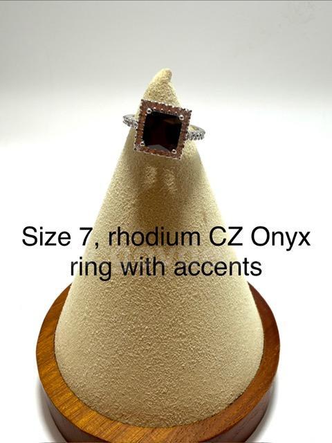 Beautiful, Ladies, Size 7, Rhodium Clad (Silver), CZ Onyx Ring W/Accents