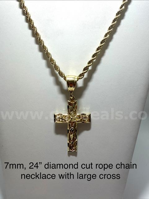Gorgeous, 7MM, 24 Inch, Real 24k Gold Plated, Diamond Cut Rope Chain, W/Large Cr