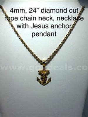 Beautiful, 4MM, 24 Inch, Real 24k Gold Filled, Diamond Cut Rope Chain, W/Jesus on Anchor Pendant