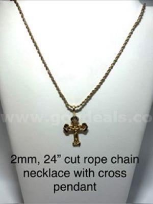 2MM, 24 Inch, Real 24k Gold Plated, Diamond Cut Rope Chain, W/Cross Pendant