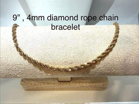 Beautiful, 4MM, 9 Inch, Real 24k Gold Plated, Diamond Cut Rope Bracelet