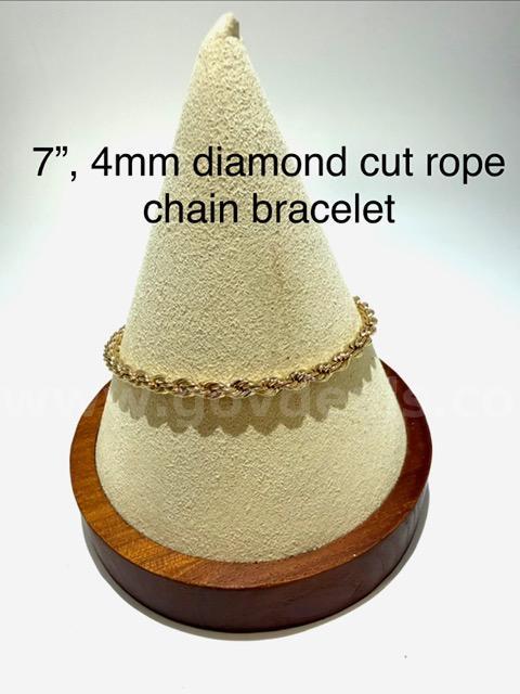 7 Inch, 4MM, Diamond Cut Rope, Real 24k Gold Plated, Bracelet