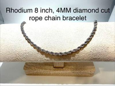Rhodium Clad (Silver), 8 Inch, 4MM Diamond Cut Rope Bracelet