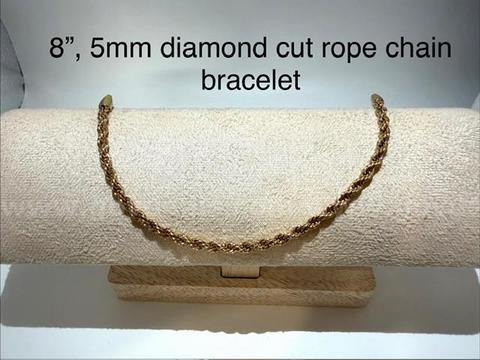 Beautiful, Real 24k Gold Plated, 8 Inch, 5MM, Diamond Cut Rope Bracelet