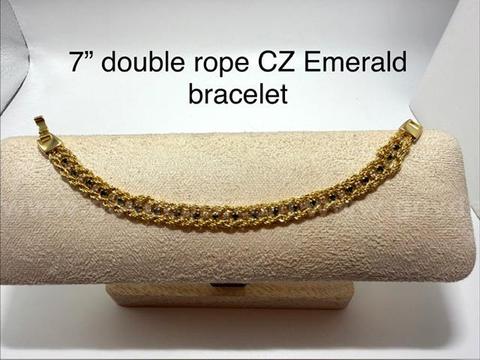 Beautiful, 7 Inch, CZ Emerald, Double Rope Tennis Bracelet, 24k Real Gold Filled