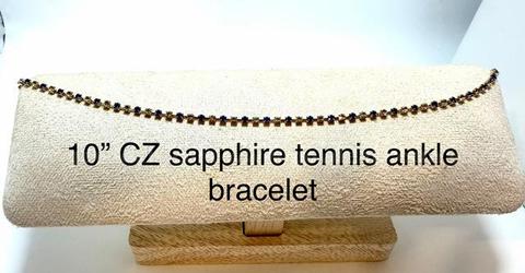 Gorgeous, 10 Inch, Real 24k Gold Plated, CZ Sapphire Tennis Ankle Bracelet