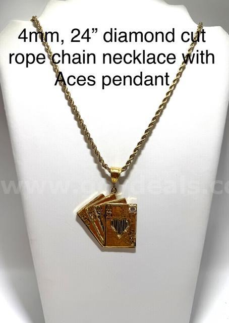 Gorgeous, 4MM, 24 Inch, Diamond Cut Rope Chain, W/CZ Aces Pendant, 24k Real Gold