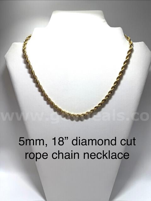 Beautiful, 18 Inch, Real 24k Gold Plated, 5MM Diamond Cut Rope Chain Necklace