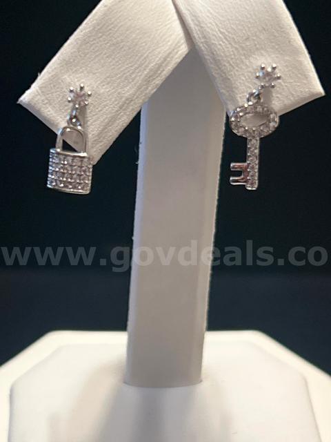 Rhodium (Silver) Lock and Key CZ Stud Earrings Read⬇️