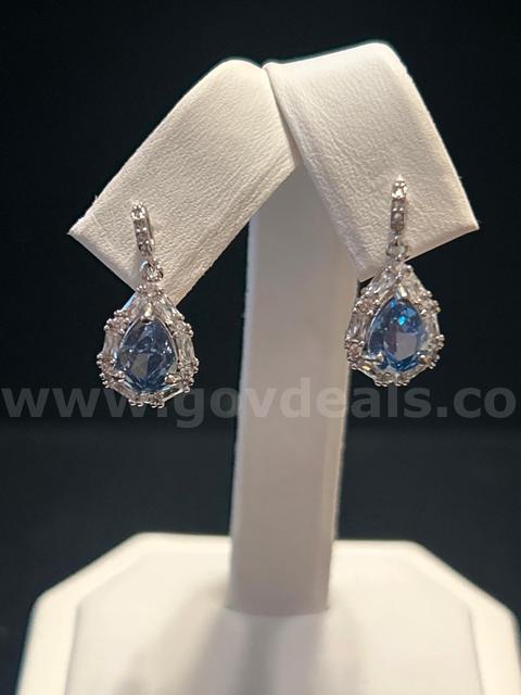 Rhodium (Silver) CZ Light Blue Stone Dangling  Earrings Read⬇️