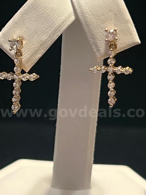 Gorgeous, Hanging Cross, CZ, Earrings 24K Real Gold Plating