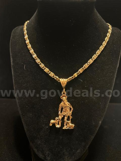 24β, Diamond Cut Scroll Necklace w/ St Roch Pendant. 24K Gold Filled.