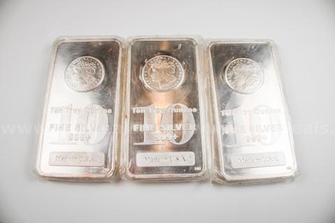Three Ten Ounce 999.9 Silver Bars