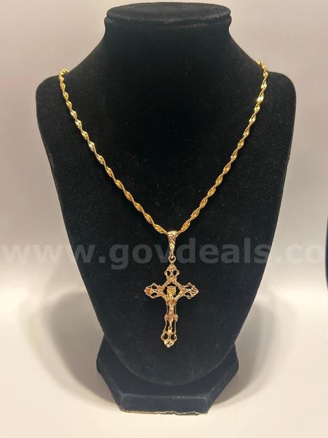 24”, Whisper Necklace W/ Jesus Cross Pendant, 24K Real Gold Plated