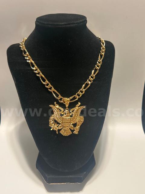 20” Figaro Necklace W/ XL Patriotic Pendant. 24K Real Gold Plated