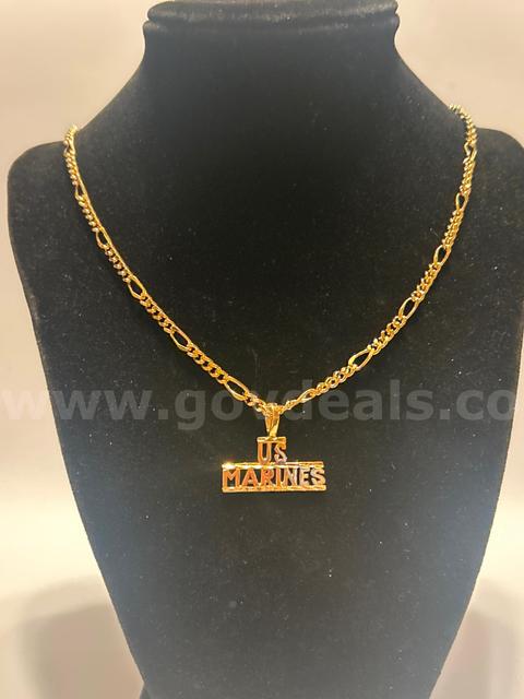 20”, Small Figaro Chain Necklace W/ “US Marine Pendant, 24K Real Gold Plated