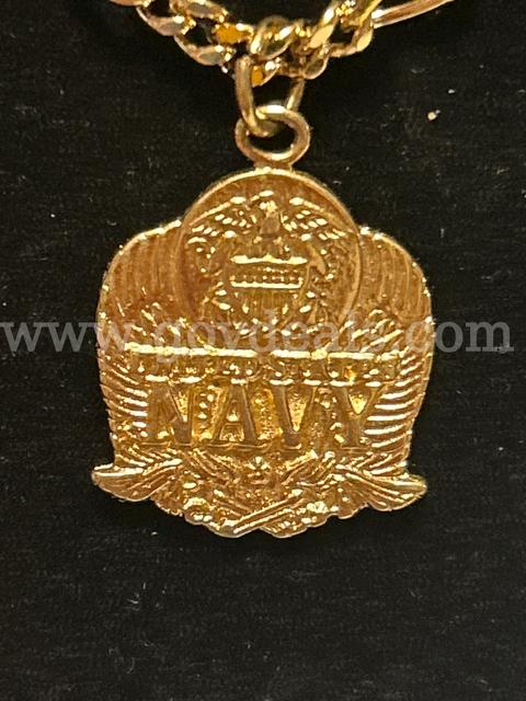 22”, Small Figaro Chain Necklace W/ “United States Navy” Pendant, 24K Real Gold