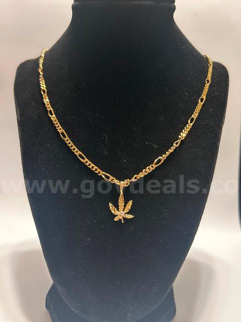 24”, Small Figaro Chain Necklace W/ Small CZ Hemp Leaf Pendant 24K Real Gold Plated
