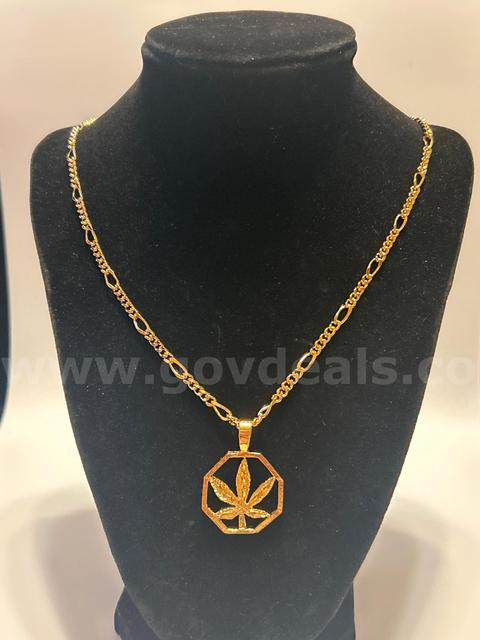 24”, Small Figaro Chain Necklace W/ Octagon Cannabis Pendant, 24K Real Gold Plat