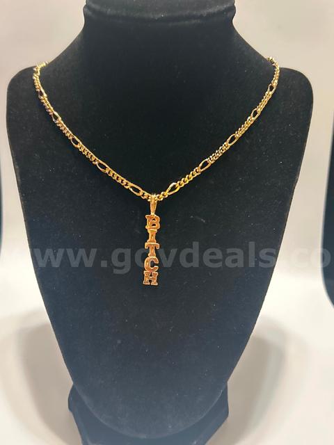 24”,Small Figaro Chain Necklace W/ “Bitch” Pendant, 24K Real Gold Plated