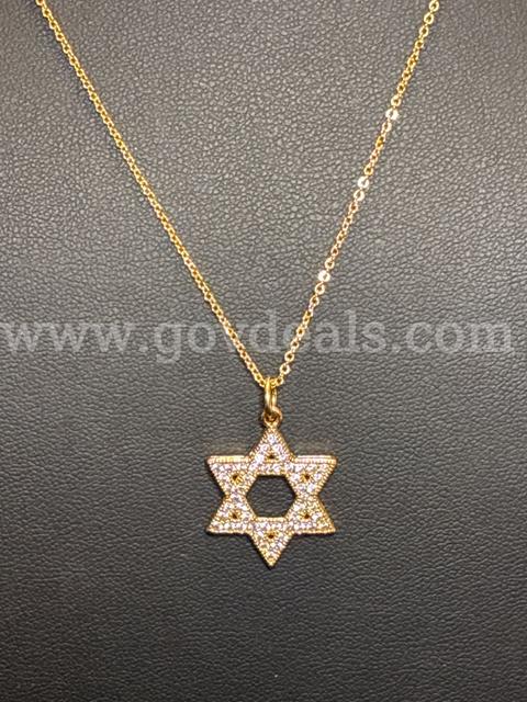 16”-18” Dainty Chain Necklace With CZ Star of David Pendant. 24k Gold Filled.