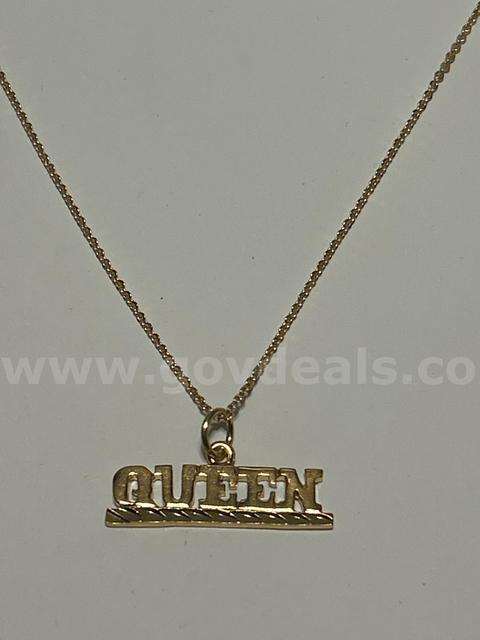 16”-18” Chain Necklace W/ “Queen”  Pendant. 24K Real Gold Plated