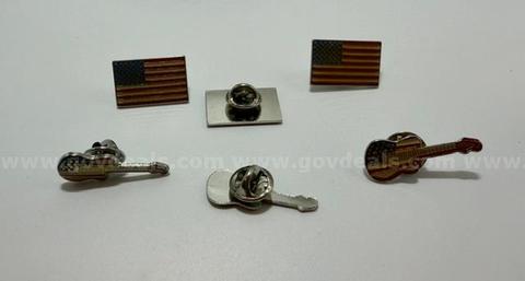 Set of (6), 24k Gold, USA Flag/Guitar Enamel Pins/Tie Tac