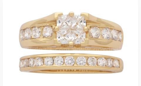 Size 7.5, Ladies, 2 Piece, Princess Cut, Wedding Ring, 24K Real Gold Plated