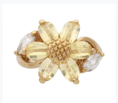 Size 6, Ladies’, CZ Sunflower Ring, 24K Real Gold Plated