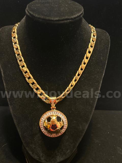 27 Inch , Large Flat Curb Link Chain, W/  Large, CZ Soccer Ball Pendant , 24k. Read ⬇️  FREE SHIPPING WITH BUY NOW!!