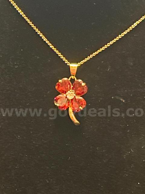 Beautiful, 22 Inch, Ring Chain Necklace W/ Garnet CZ 4-Leaf Clover Pendant, 24k Real Gold Plated.
