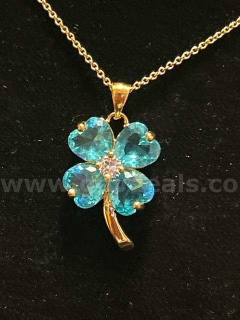Beautiful, 22 Inch, Ring Chain Necklace W/ Aquamarine CZ 4-Leaf Clover Pendant, 24k Real Gold Plated.