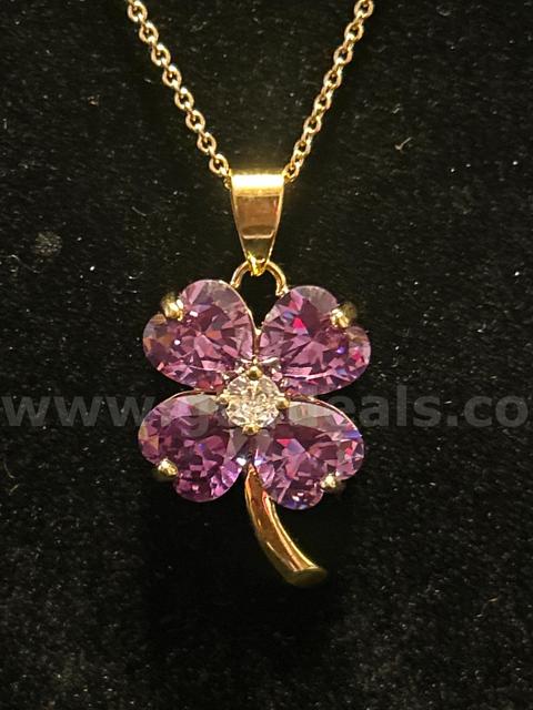 20 Inch, Tiny Gold Ring Chain Necklace W/ Amethyst  CZ 4-Leaf Clover Pendant. 24k Gold.Read⬇️