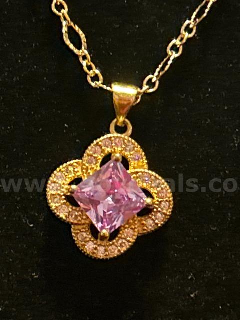 18 Inch, Small Link Necklace W/ Purple CZ Pendant. 24k Real Gold Plated.