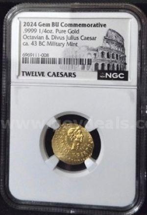 1/4 oz Pure Gold Coin NGC-Certified|.9999 Fine Gold|43 BC 2024 Gem BU Commemorative Octavian & Divus Julius Caesar Twelv