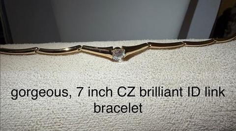 Gorgeous, 7 Inch, CZ Brilliant Solitaire ID Link Bracelet, 24k Real Gold Plated