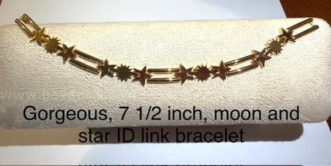 Gorgeous, Ladies, 7 1/2 Inch, Moon & Star ID Link Bracelet, 24k Real Gold Plated